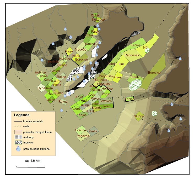 Klanové vlastnictví zemědělské půdy u puebla na První mese. Upraveno podle Forde 1931, 361-362. Klanové vlastnictví zemědělské půdy u puebla na První mese. Upraveno podle Forde 1931, 361-362.