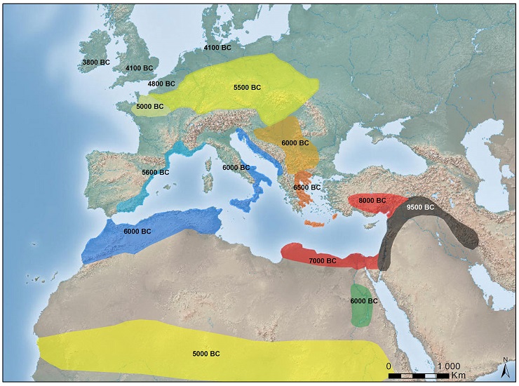 The spatial extent of the area in which the earliest documentation of neolithisation took place varies in accordance with each individual professional publication - is even the shape and the dimensions of the Fertile Crescent (marked here in black) are quite variable. From time-to-time Neolithisation models are challenged and rejected - to some of them we are coming back later, however. 