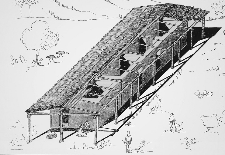 Samostatné dlouhé domy rozdělené do několika vnitřních prostor, nejsou neolitickou novinkou střední Evropy. Již z před-keramického období PPNB existují v JV Turecku doklady více než 10 m dlouhých staveb s kombinací kůlové konstrukce a kamenných podezdívek, jak ukazuje tento obrázek rekonstrukce dlouhého domu podle představ tureckých badatelů. V Syro-levantské oblasti byly využívány spíše nepálené cihly a domy byly tradičně stavěny v těsné blízkosti. Převzato a upraveno podle Özdoğan et al. 2011, str. 124, obr. 7b