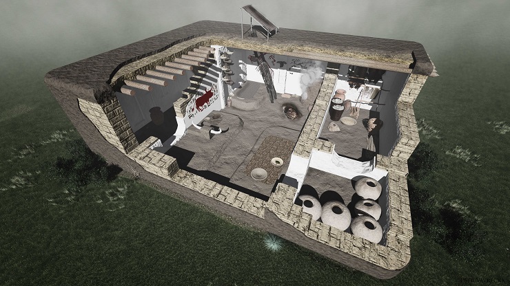 Volná rekonstrukce víceprostorového domu. Volná rekonstrukce víceprostorového domu znázorňuje hlavní místnost se střešním vstupem, otopným zařízením a rituálním prostorem. Pod podlahami byly často umístěny pohřby jedinců různých pohlaví. Je zajímavé, že se nemuselo jednat o pokrevně příbuzné osoby. Autor Petr Vavrečka.