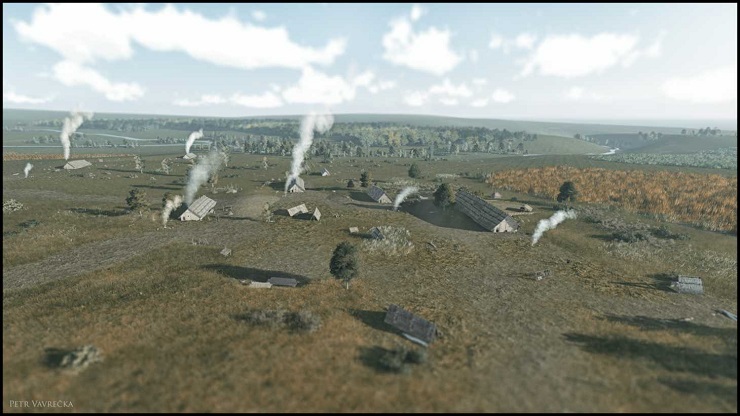 Žánrová imaginace krajiny prvních zemědělců vytvořená na základě archeologického výzkumu v Bylanech. Žánrová imaginace krajiny prvních zemědělců vytvořená na základě archeologického výzkumu v Bylanech. Skutečný charakter osídlení a přírodního prostředí, do kterého bylo zasazeno, zůstává však stále spíše hádankou. Autor Petr Vavrečka.