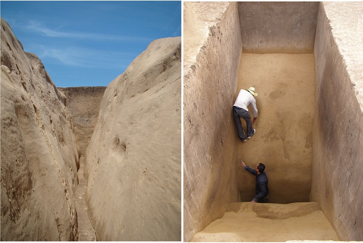 Hrotité příkopy rondelů zřejmě neměly žádný praktický účel. Hrotité příkopy rondelů zřejmě neměly žádný praktický účel, navíc se obtížně hloubily. Trojúhelníkovitý tvar profilu je jedním z typických „rondelových“ znaků. Snímky pochází z výzkumu dvou příkopů rondelu č. 1 před výstavbou silničního obchvatu kolem Kolína (okr. Kolín). Foto R. Šumberová 2008.