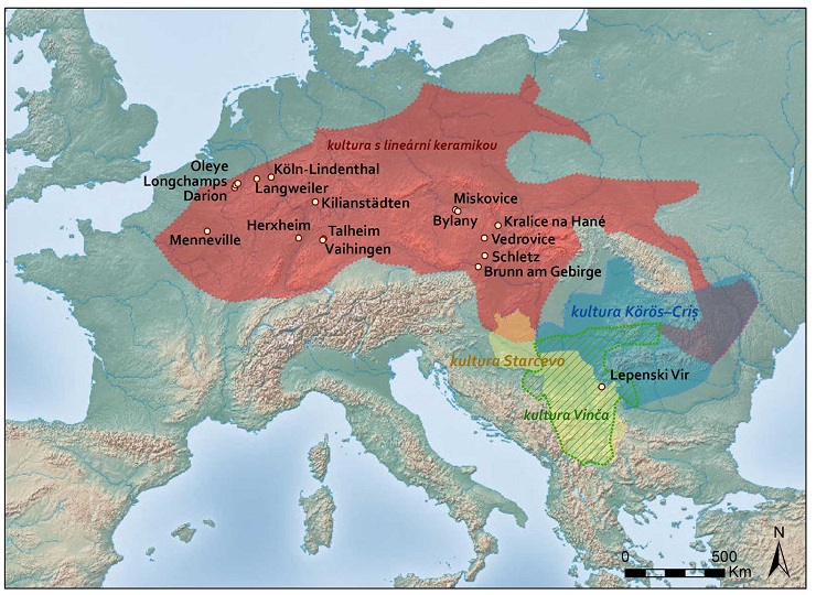 Mapa kontinentální Evropy ve starším neolitu s vyznačením lokalit zmíněných v textu.