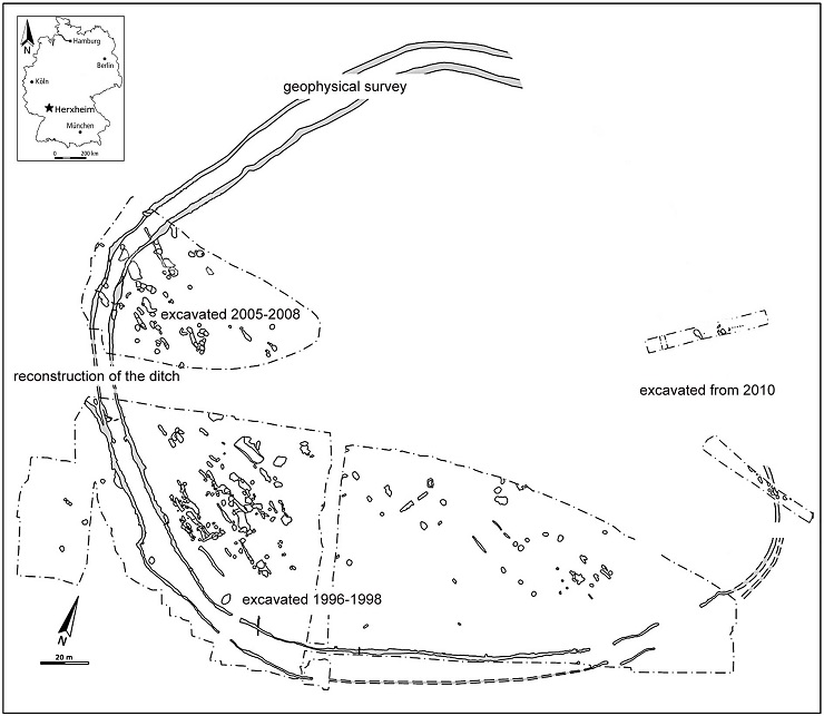 The overall plan of the trenched area that was explored in Herxheim together with the remains of the settlement inside it The overall plan of the trenched area that was explored in Herxheim together with the remains of the settlement inside it
