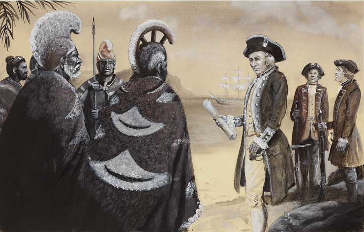 Captain James Cook meeting with several Hawaiian chieftains. 